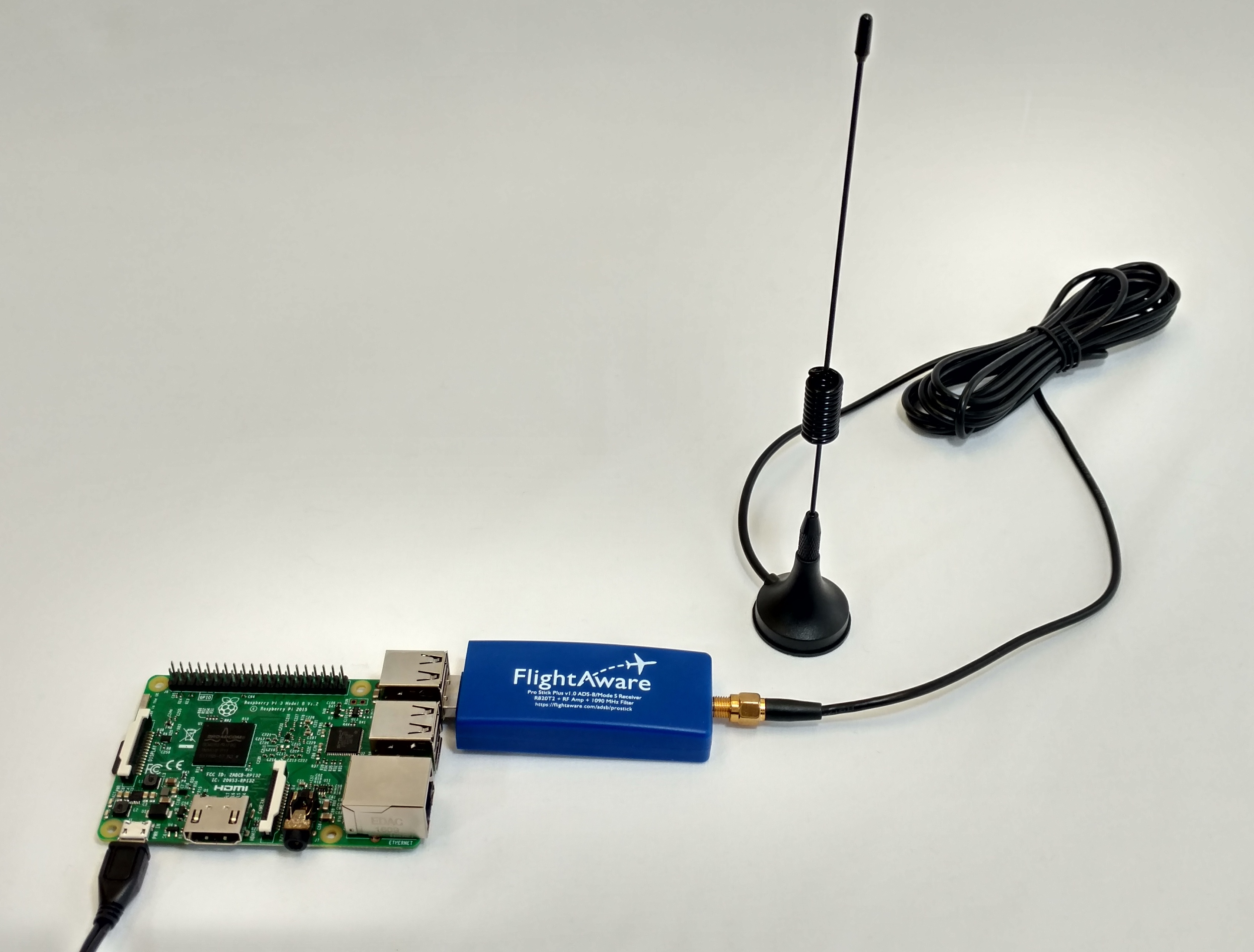 Raspberry Pi connected to power and an antenna
